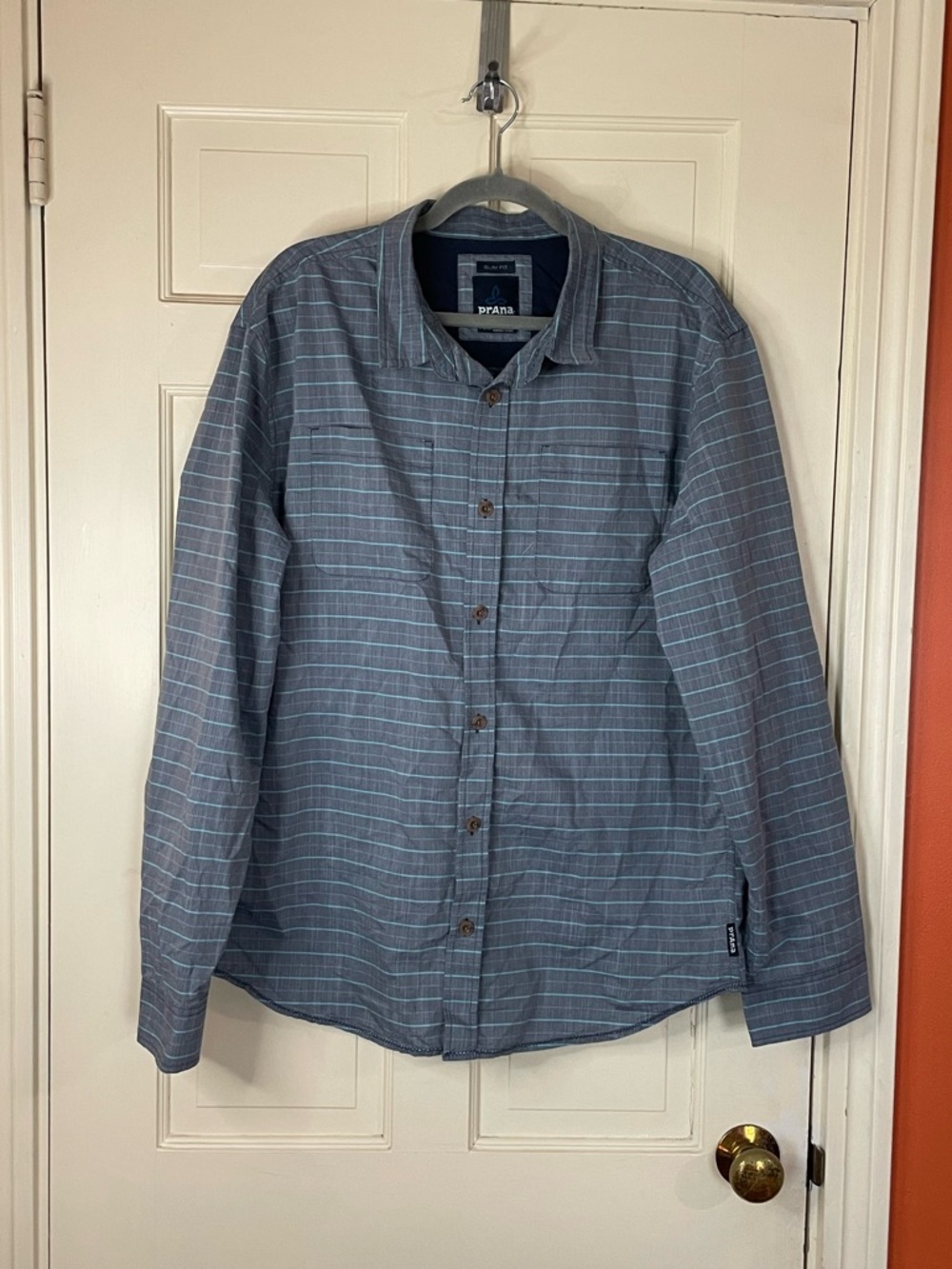 Prana Mens Slim Fit Button Up Long Sleeve  XL Blue Gray Striped Slim Fit Shirt